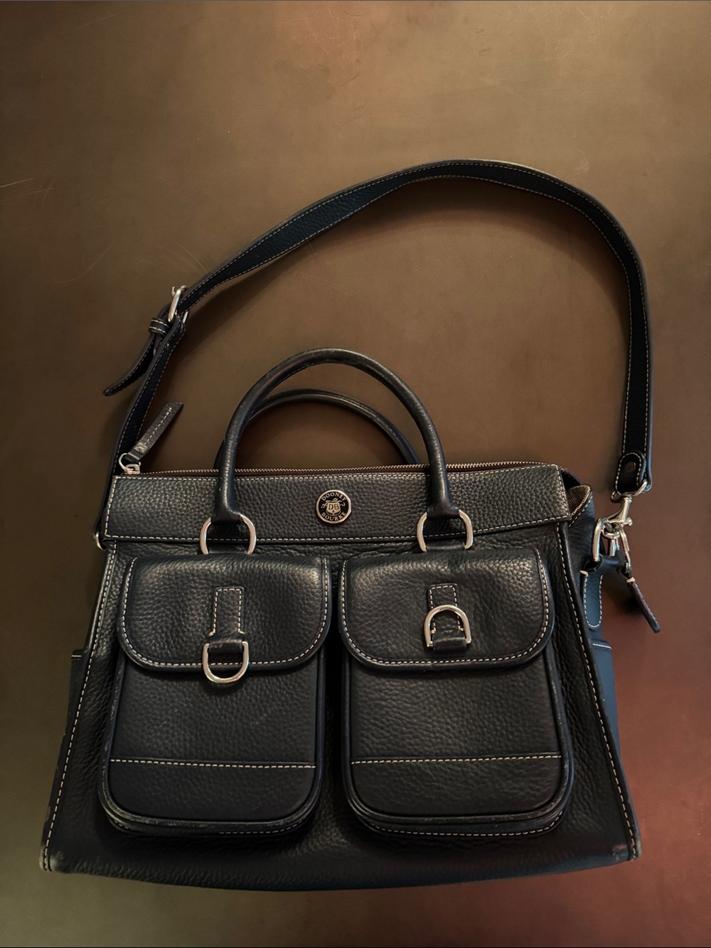 Dooney & Bourke Black Pebbled Leather Satchel with Silver Hardware